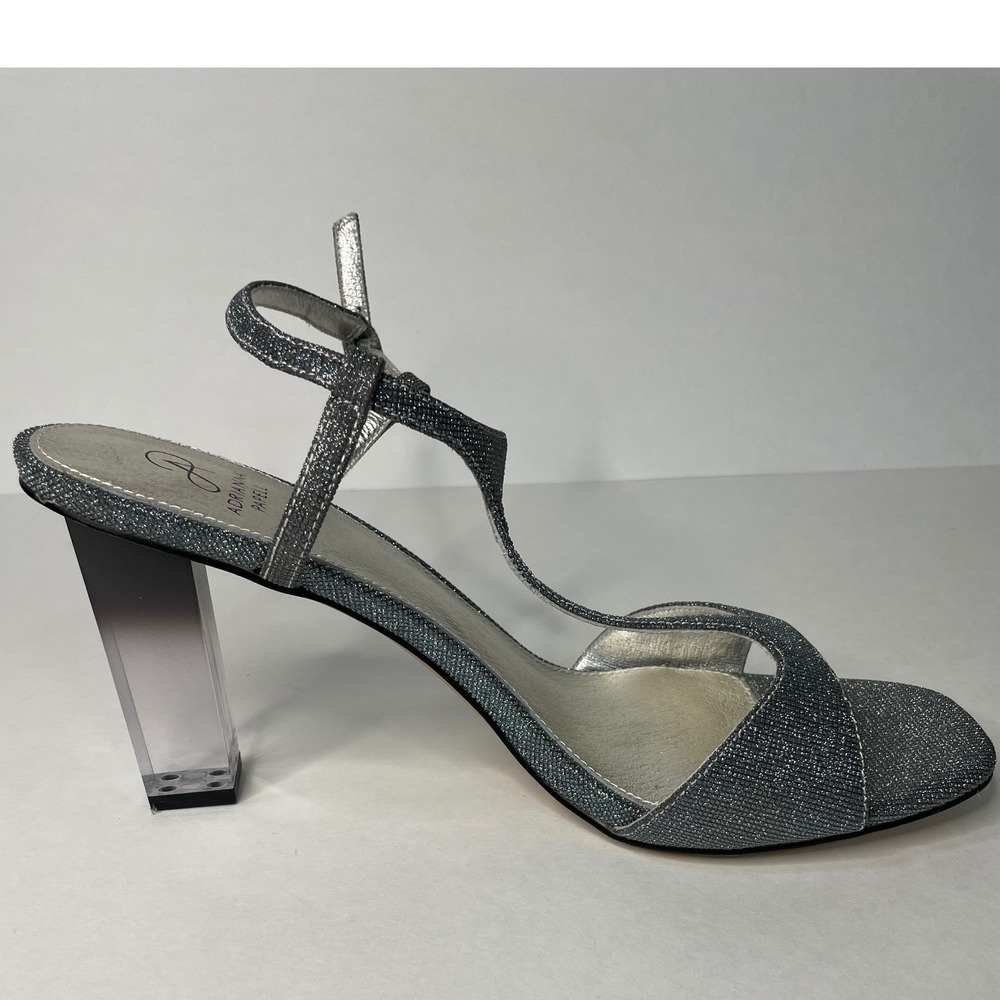 Adrianna Papell T-Strap Sandals Womens 10‎ Silver Excellent Clear Block Heel